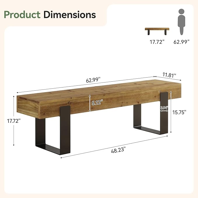 Solid Wooden Bed Bench, 63" Entryway Bench for Indoor Space, Farmhouse End of Bedroom Seat, Long Dining Seat for Dining Room, Entry, Mudroom