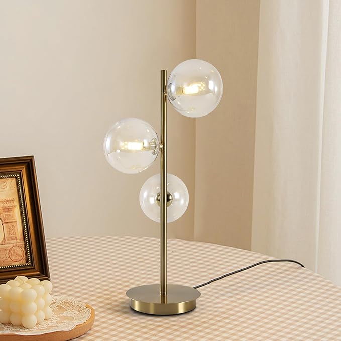 Gold Globe Bedside Lamp, 3 Lights Mid Century Modern Table Lamp, Contemporary Cognac Glass Globe Readin Lamp for Bedroom Living Room Study Room