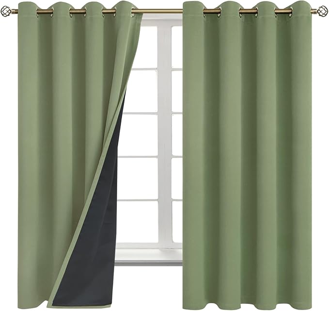 BGment Thermal Insulated 100% Blackout Curtains for Bedroom with Black Liner, Double Layer Full Room Darkening Noise Reducing Grommet Curtain (52 x 72 Inch, Grass Green, 2 Panels)