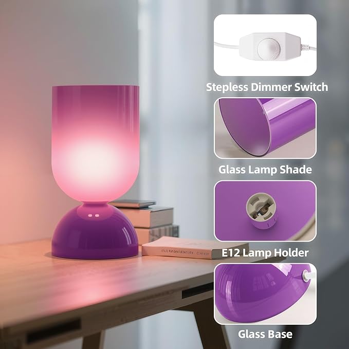 8.9" Modern Glass Table Lamp for Living Room, Dimmable Desk Lamps for Bedroom, UL Listed Nightstand Lamp with Dome Base, End Table Lamps for Home, Side Tables, College Dorm, Office, Glossy Purple