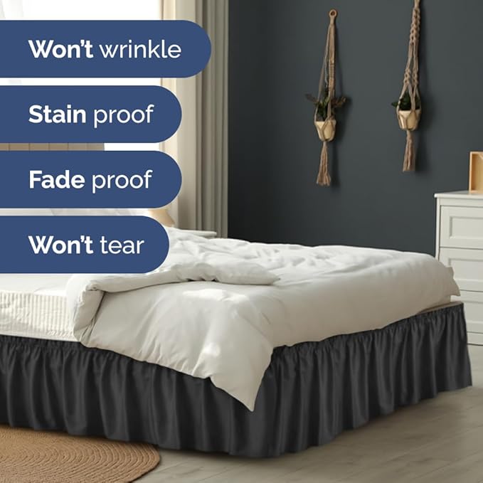 Wrap Around Dust Ruffle Bed Skirt - Black - for King Size Beds with 24 Inch Drop - Easy Fit Elastic Strap - Adjustable Pleated Bedskirt w/Brushed Fabric - Wrinkle Free - for Women, Men, Kids & Teens
