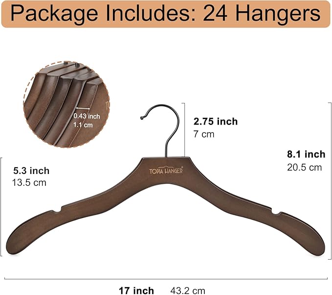 TOPIA HANGER Wooden Coat Hangers 24 Pack, Premium Wood Suit Sweater No Shoulder Bump Hangers, 360° Swivel Hook and Cut Notches Clothes Hangers for Sweater, Hoodie, Shirts, Jacket, Dress, Walnut CT85WA
