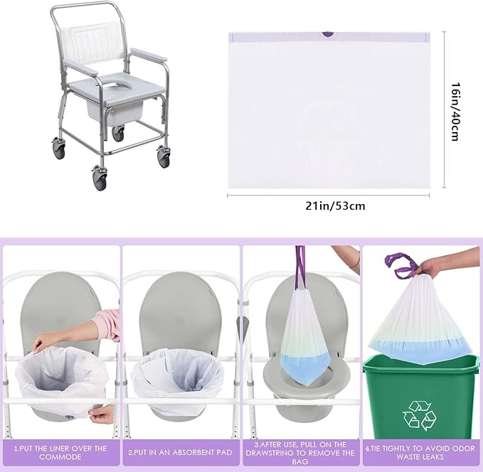 Commode Liners with Absorbent Pads for Bedside Commode, Commode Toilet,50 La-Vender Scented Bedside Commode Liners and 50 Commode Pads, White