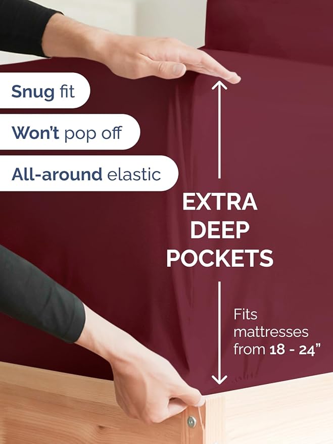 Extra Deep Split King Sheet Set - 7 Piece Breathable and Cooling Sheets - Hotel Luxury Bed Sheets Set - Easy Fit - Soft, Wrinkle Free and Comfy Sheets Set - Burgundy Sheet Set with Extra Deep Pockets