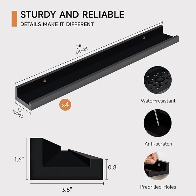 Fun Memories Picture Ledge Shelf for Wall, Floating Shelves Set of 4, 24 Inch Long Nursery Book Shelves for Toys Storage, Kids Bookshelf Wall Mounted for Books Photo Frames, Black