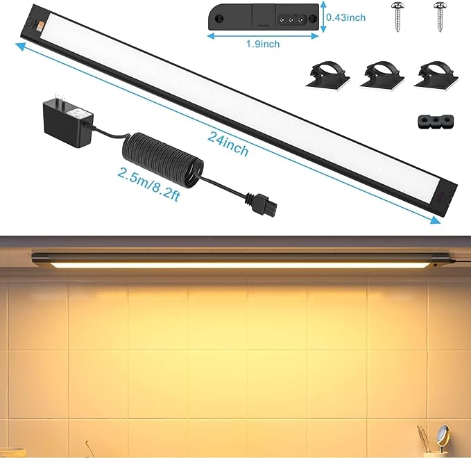 WOBANE LED Under Cabinet Lighting, 24 inch Black Cabinet Light, Hand Wave Activated, Warm White to White Color Tunable,Touchless Dimmable Panel for Kitchen,Counter,Shelf,Under Desk Lighting 1200LM