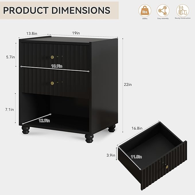 Modern Nightstand, Fluted End Table with 2 Drawers, Nightstand with Open Shelf for Bedroom (2, Black)