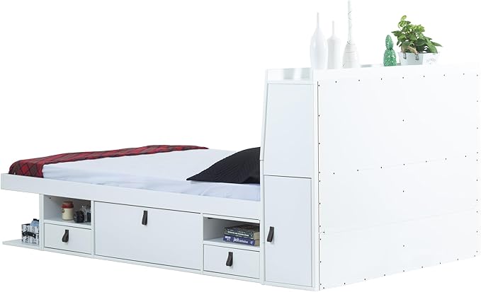 memomad Bali Set: Storage Platform Bed with Drawers + Bookcase Headboard (Queen Size, White Wood)