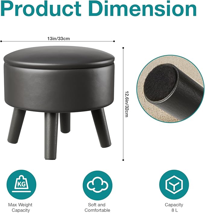 FIMIVIBI Small Foot Stool Ottoman with Storage, Faux Leather Ottoman Foot Rest for Couch, Round Footstool Ottomans for Living Room (Black)