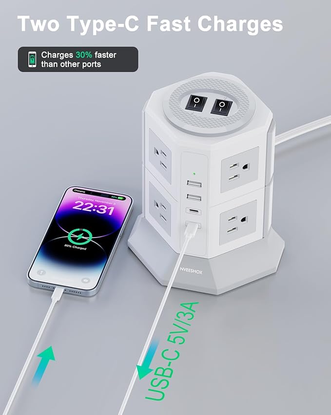 Tower Surge Protector Power Strip Flat Plugs with 8 Outlets 4 USB Ports (2 Type C), 6.5 FT Flat Extension Cord with Multiple Outlets, Charging Station with Surge Protection for Home Office Dorm