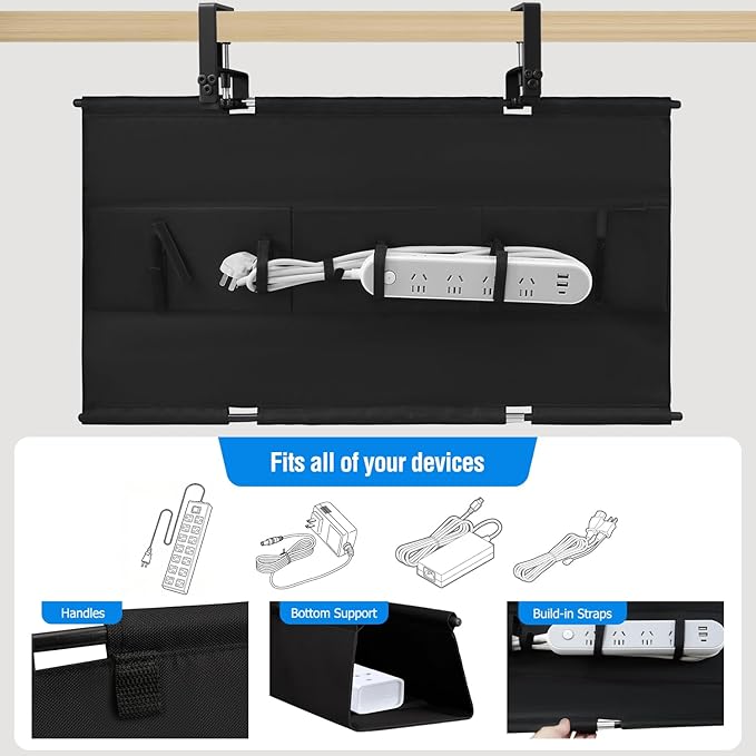 Under Desk Cable Management Tray - Heavy Duty No-Drill Clamp & Screw Mount, 36-Inch Cord Organizer for Home Office, Gaming Setup & Study Room, Holds Power Strip & Large Adapters