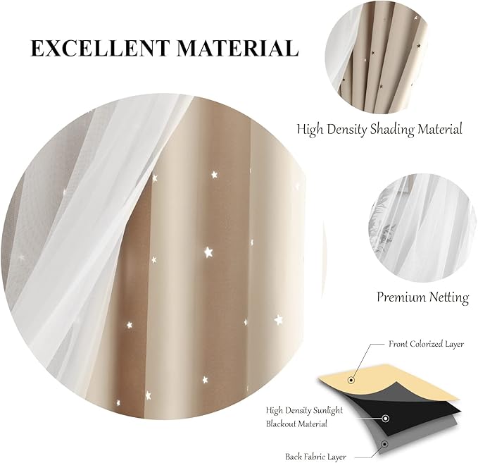 Stars Curtains Double Layer Curtains Blackout Curtains for Bedroom Kids Curtains Cute Curtains Kids Blackout Curtains, Curtains 72 Inches Long 2 Panels Set, Beige Curtains, 52 X 72 Inches