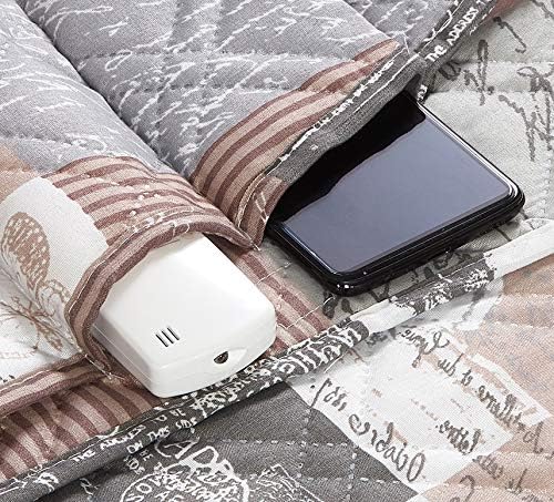 Brilliant Sunshine Paris and Toile Floral Patchwork Couch Armrest 5 Pockets Organizer, Slip Resistant Armchair Caddy, Washable Remote Controls Holder, Storage for Magazine, Tablet, 35×13", Latte Grey