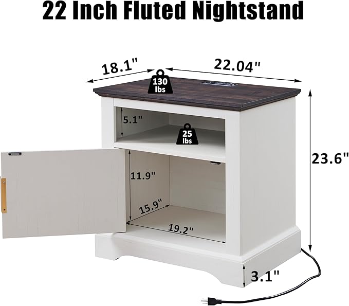 22" Large Fluted Nightstand with Charging Station, Modern End Table, Wood Side Table w/Open Shelf & Spacious Tabletop, Bedside Table with Storage Space for Bedroom, Living Room-White