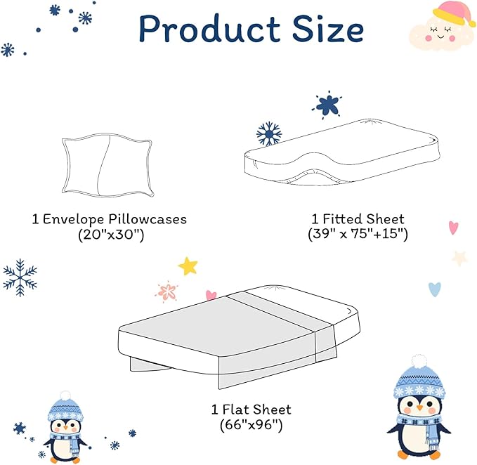 JSD Penguin Snowflakes Kids Christmas Sheet Set Twin Size, 3 Piece Blue Printed Microfiber Sheets Deep Pocket