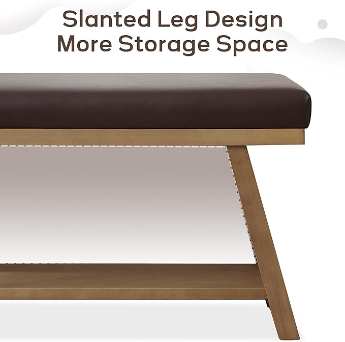 45" Entryway Bench Upholstered Storage Bench for Bedroom Shoe Rack Bench for Living Room, Hallway, Mudroom, Balcony, Sturdy Indoor Bench Seat Holds Up to 300 lbs (PU-Brown)