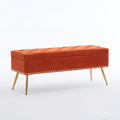 Velvet Storage Bench with Gold Legs& Nailhead Trim, 46" Wide Upholstered Modern Bedroom Bench for End of Bed, Tufted Ottoman for Entryway Living Room Dining Room (Orange, 46" Wide)
