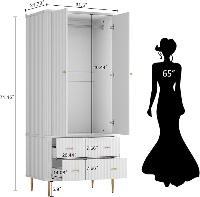 HLR 72" Modern Armoire Wardrobe Closet with Doors and Drawers, Bedroom Armoire Cabinet with Hanging Rod, Wooden Clothing Storage Cabinet Set of 2,White
