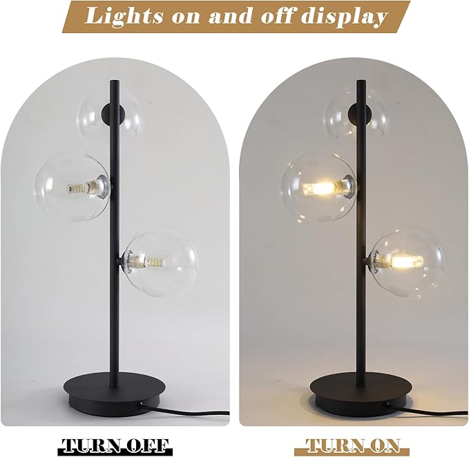 3-Light Black Table Lamp, Mid Century Nightstand Lamp with Clear Glass Globe Shade, Contemporary Bedside Lamp for Bedroom Living Room Study Room