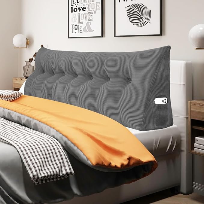 WOWMAX Headboard Wedge Pillow King Triangular Headboard Pillow Bed Wedge Pillow Bolster Pillow for Bed Daybed Pillows with Removable Cover, Corduroy(100% Cotton)