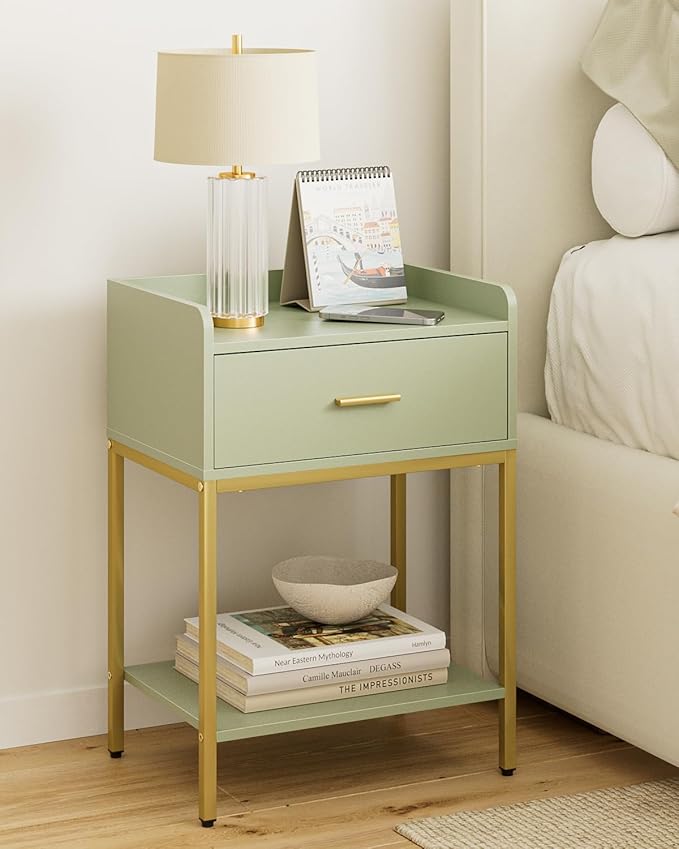 Masupu Nightstand,Bedside Table 3-Tier Modern Night Stand with Storage Drawer and Shelf,Small End Side Table for Bedroom,Living Room,Black (Without Outlet, Green)