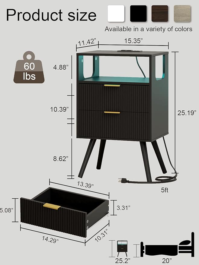 Nightstand with Charging Station and LED Lights, Modern Bedside Table with 2 Storage Drawer and Open Wood Shelf for Bedroom and Small Spaces, Night Stand with Solid Wood Legs