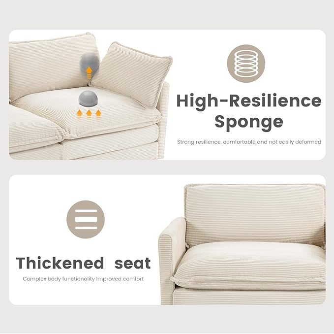 78'' Modular Sectional Cloud Couch with 2 Movable Ottoman, 4 Seat Comfy Modern Corduroy Sofa with 2 Throw Pillows, Deep Seat Sleeper Couch for Living Room Bedroom Apartment, Beige