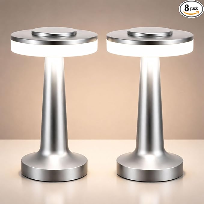 VIHOSE Cordless Table Lamps LED Portable Rechargeable Table Lamp with Touch Sensor 3 Color Dimming up to 15 Hours Battery Desk Light for Restaurant Nursery Living Room(Silver,8 Pcs)