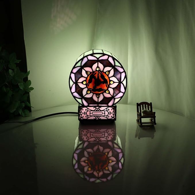 Bieye L12017 Tiffany Style Stained Glass Desk Clock Table Lamp with Lotus Flower Design (Three Hares)