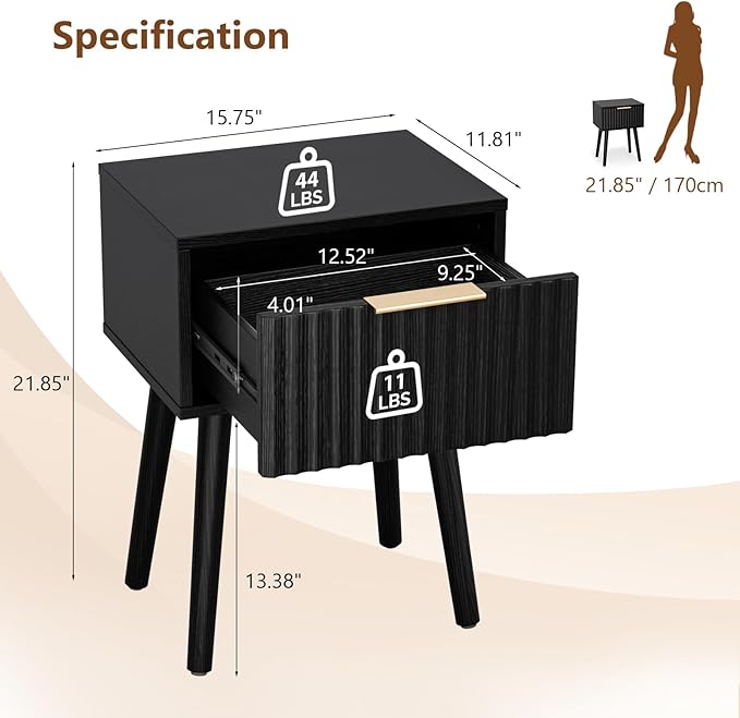 VINGLI Night Stand Set 2, Fluted Nightstands with Drawer, Mid Century Modern Nightstands Set of 2, Bedside Table, End Table, Wood Nightstand for Bedroom, Black, 15.75" W*11.81" D*21.85" H