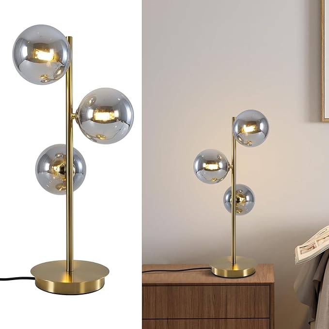 Mid Century Globe Table Lamp, Modern 3 Lights Gold Brass Desk Lamp, Contemporary Smoky Grey Glass Globe Bedside Lamp for Bedroom Living Room Study Room
