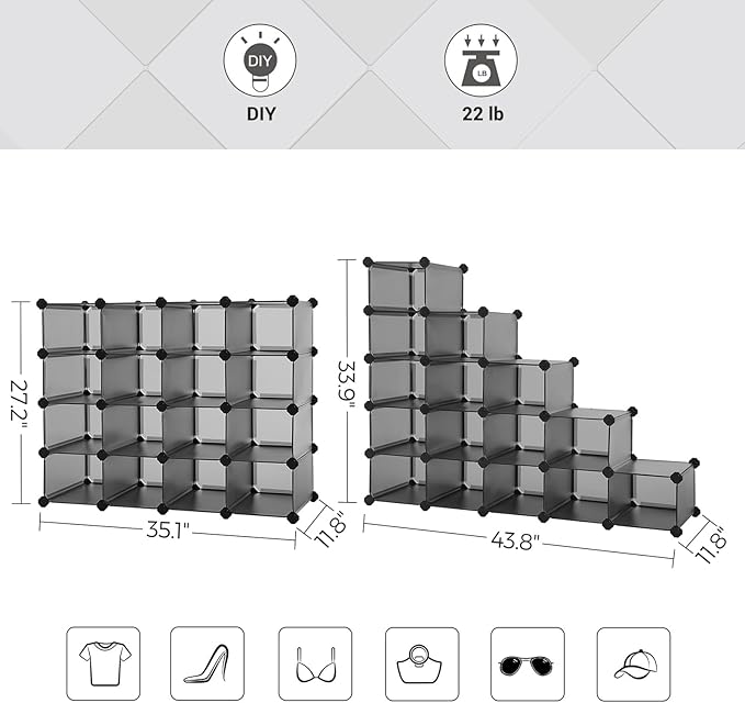 SONGMICS Shoe Rack with 16 Cubes, Interlocking Plastic Shoe Organizer, DIY Storage Cabinet for Closet Entryway Bedroom Garage, Space Saving Design, 12 x 35.1 x 27.2 Inches, Grey ULPC445G02