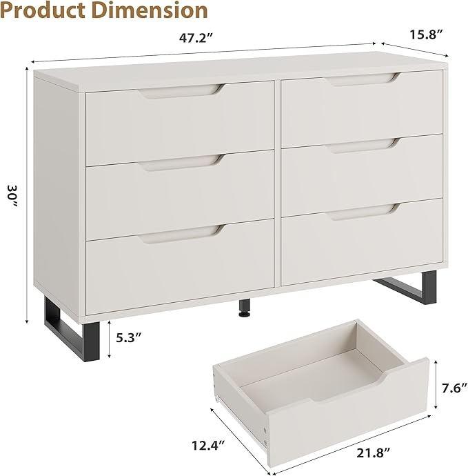 GarveeHome 6 Dresser for Bedroom, 47.2 in Wide Dresser, Freestanding Vertical Drawer Cabinet with Storage, Wooden Closet Storage Chest for Living Room, Hallway, Entryway, White