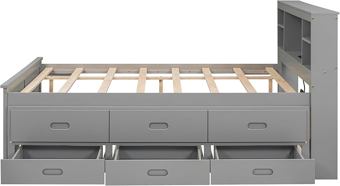 Platform Bed with Storage Headboard, USB, Twin Size Trundle and 3 Drawers, Full Size, Gray