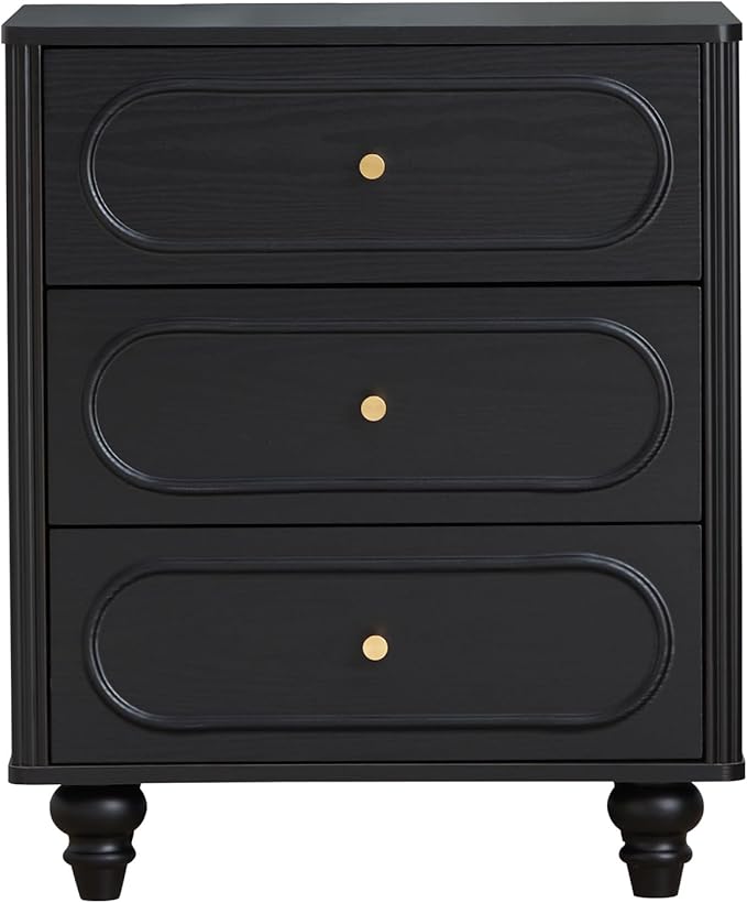 ORRD 3 Drawer Fluted Dresser for Bedroom Set of 2, Mid Century Modern Chest of Drawers, Wood Storage Small Dresser Organizer for Bedroom Living Room Hallway Closet, Black