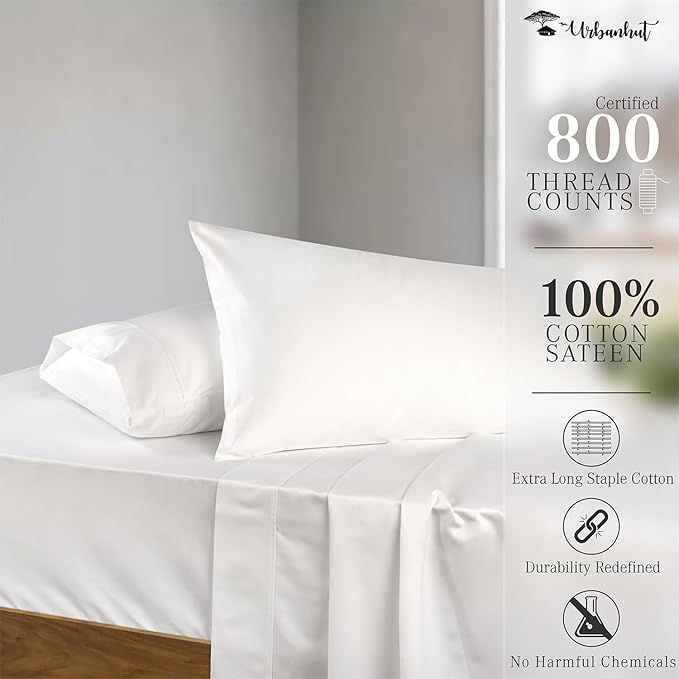 URBANHUT 800 Thread Count 100% Cotton California King Size Sheets, Luxury 4 Piece Cal King Bedsheets, Hotel Sheets Sateen Finish - Better Than Egyptian, 16" Elasticized Deep Pocket - White