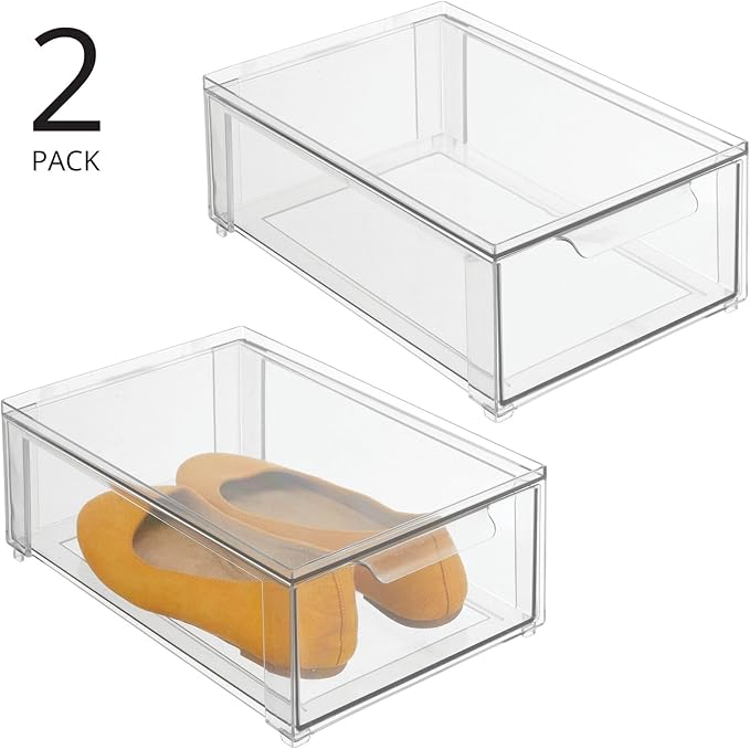 mDesign Plastic Storage Box with Drawer – Low Plastic Shoe Storage Bin – Stackable Box for Accessories etc. – Pack of 2 – Transparent