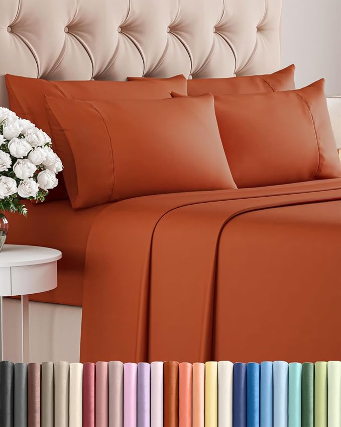 Full 6 Piece Sheet Set - Cooling, Comfy & Breathable - Hotel Luxury Bedding, Includes Fitted Sheet for Women, Men, Kids & Teens - 1 Flat, 1 Fitted Sheet, 4 Pillowcases with Deep Pockets - Terracotta
