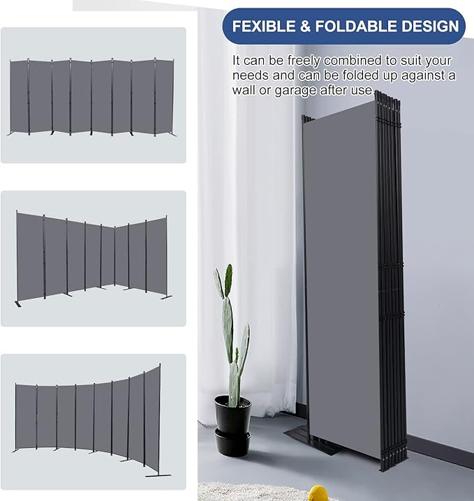 Room Divider Folding Privacy Screens with Wheels, 6FT Tall Divider for Room Separation, Movable Room Partitons and Dividers, Indoor Room Dividers Panel with Fabric (Grey, 8 Panel-176‘’-Flat Base)