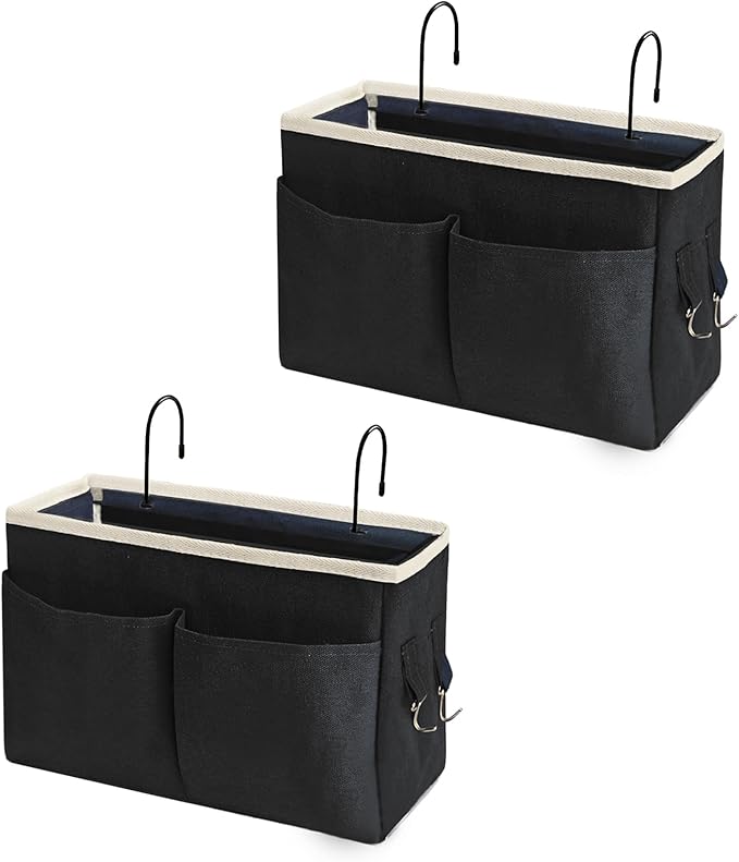 Someteth Bedside Caddy/Bedside Hanging Storage Bag Multi-Function Caddy for Bunk bed Hospital Beds Dorm Bed Rails, Holders Books Glasses Phones Magazine（2pc Black）