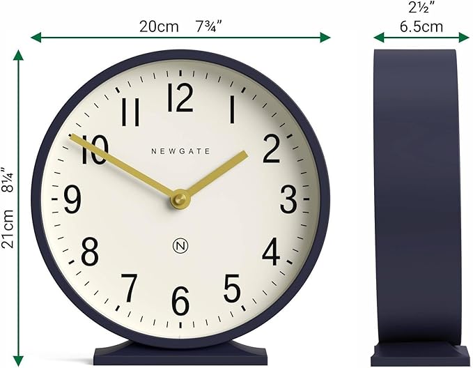NEWGATE® Q Mantel Clock | Modern Classic Round Mantel Clock | Navy Blue | Contemporary Style for Mantel, Desk, Table, Shelf or Bedside