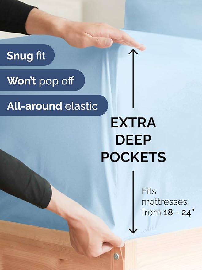 Extra Deep Twin Sheet Set - 4 Piece Breathable & Cooling Sheets - Hotel Luxury Bed Sheets Set - Easy & Secure Fit - Soft, Wrinkle Free & Comfy Sheets Set - Light Blue Sheet Set with Extra Deep Pockets