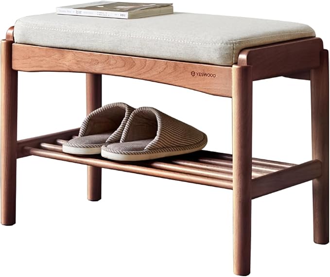 Solid Wood Shoe Bench, Shoe Rack Bench Assembled with Cushion for Entryway, Hallway, Bedroom, Living Room, 11.8" x 23.6" x 16.5", Beech Wood, Walnut