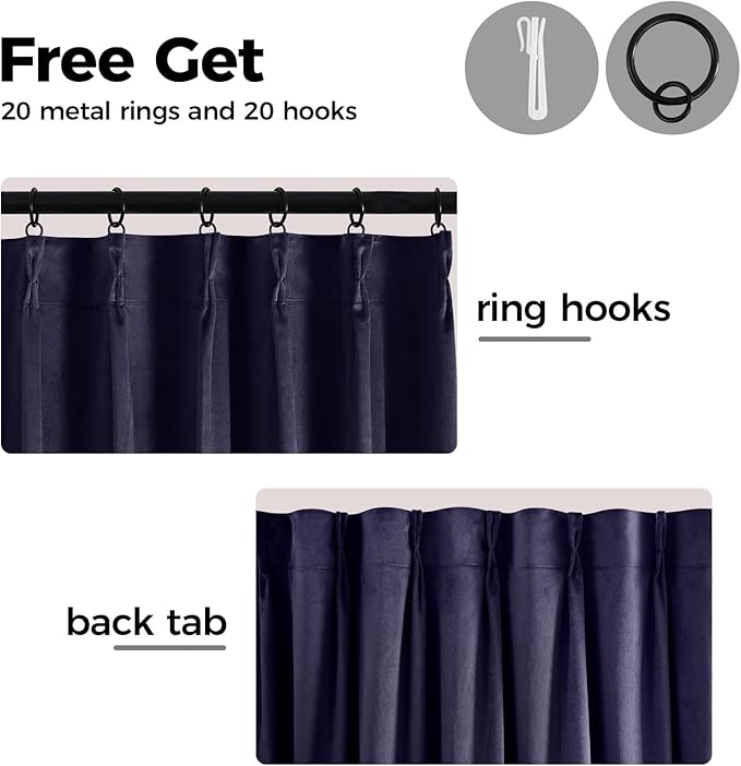 Pinch Pleated 100% Blackout Curtains for Bedroom, Navy Blue Velvet Curtains for Living Room, Black Out Curtain 90 inch Long Room Darkening, Blackout Pinch Pleat Drapes with Hooks 2 Panels