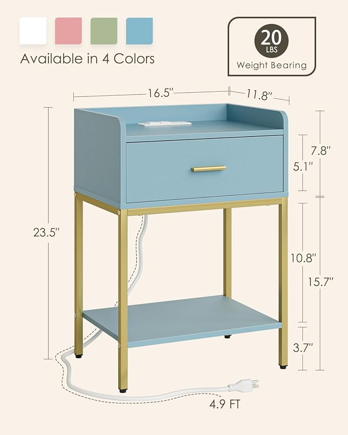 Masupu Nightstand with Charging Station,3-Tier Modern Bedside Night Stand with Storage Drawer and Shelf,Small End Side Table for Bedroom,Living Room,Gold and Blue