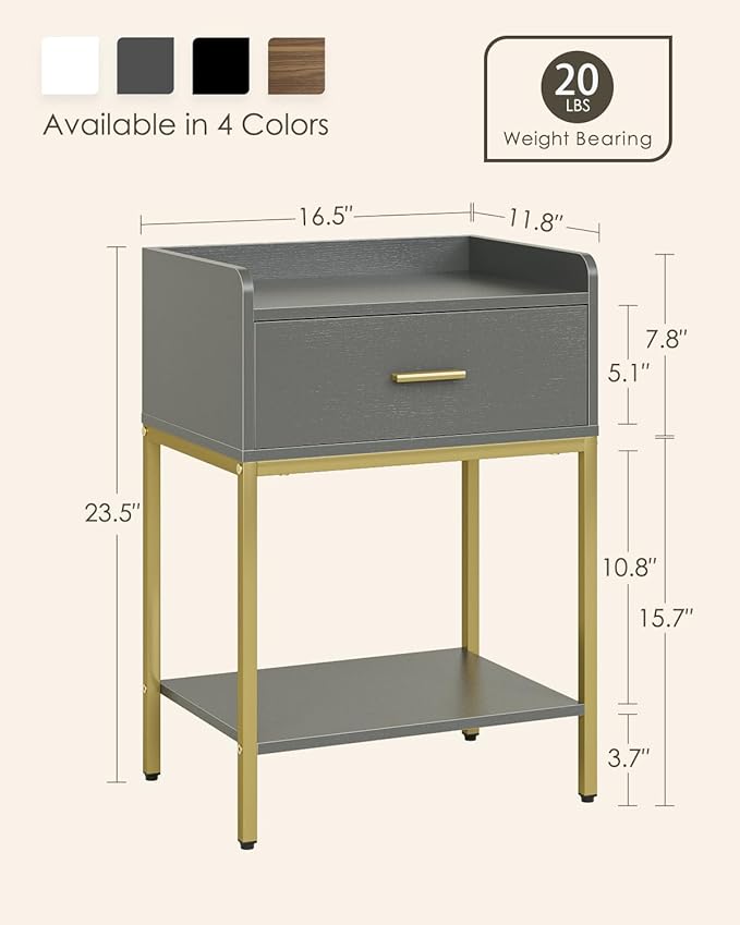 Masupu Gray Nightstand,3-Tier Modern Bedside Table Night Stand with Storage Drawer and Shelf,Small End Side Table for Bedroom,Living Room,(Without Outlet,)