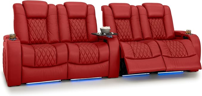 Seatcraft Diamante Zero-Gravity CoolZero Italian Leather Home Theater Seating, Power Headrest, Power Recline, Row of 4 Dual Loveseats, Red