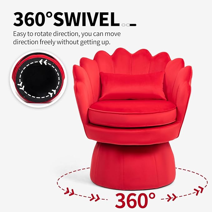 Swivel Accent Chairs Set of 2, 360° Mid-Century Modern Velvet Barrel Chair, Comfy Shell Shape Arm Chair with Lumbar Pillow for Living Room, Bedroom, Office, Rose Red (Red, Set of 2 Swivel chair)
