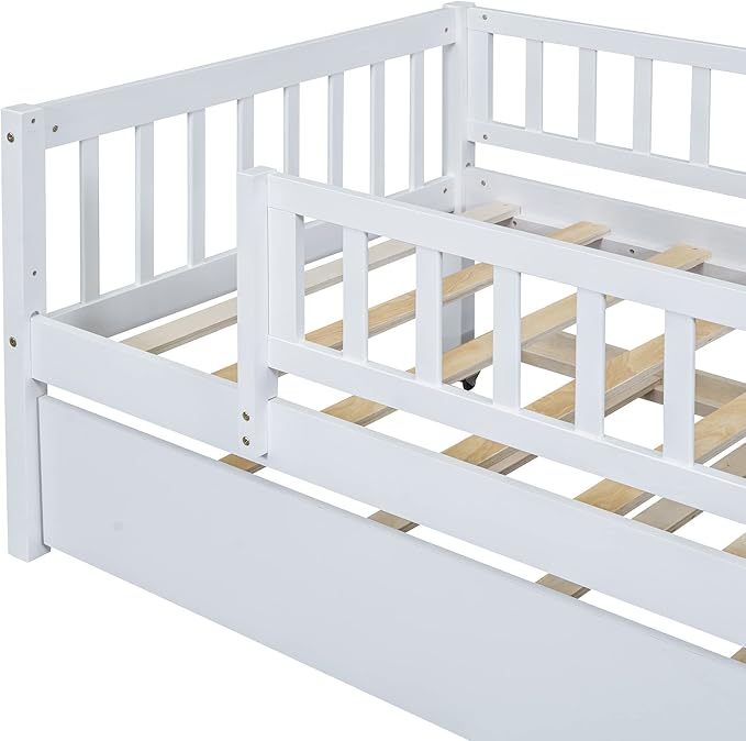 Bellemave Twin Kids Bed Frames with Rails for Kids, Twin daybed with Trundle for Boys/Girls/Adults，White