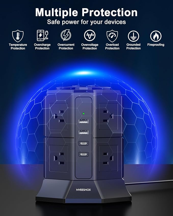 Surge Protector Power Strip with 4 USB Ports(2 Type C) 8 AC Outlets, 10 Ft Ultra Flat Extension Cord with Multiple Outlets, Ultra Flat Plug Power Strip, Desktop Outlet Extender for Home Office Dorm